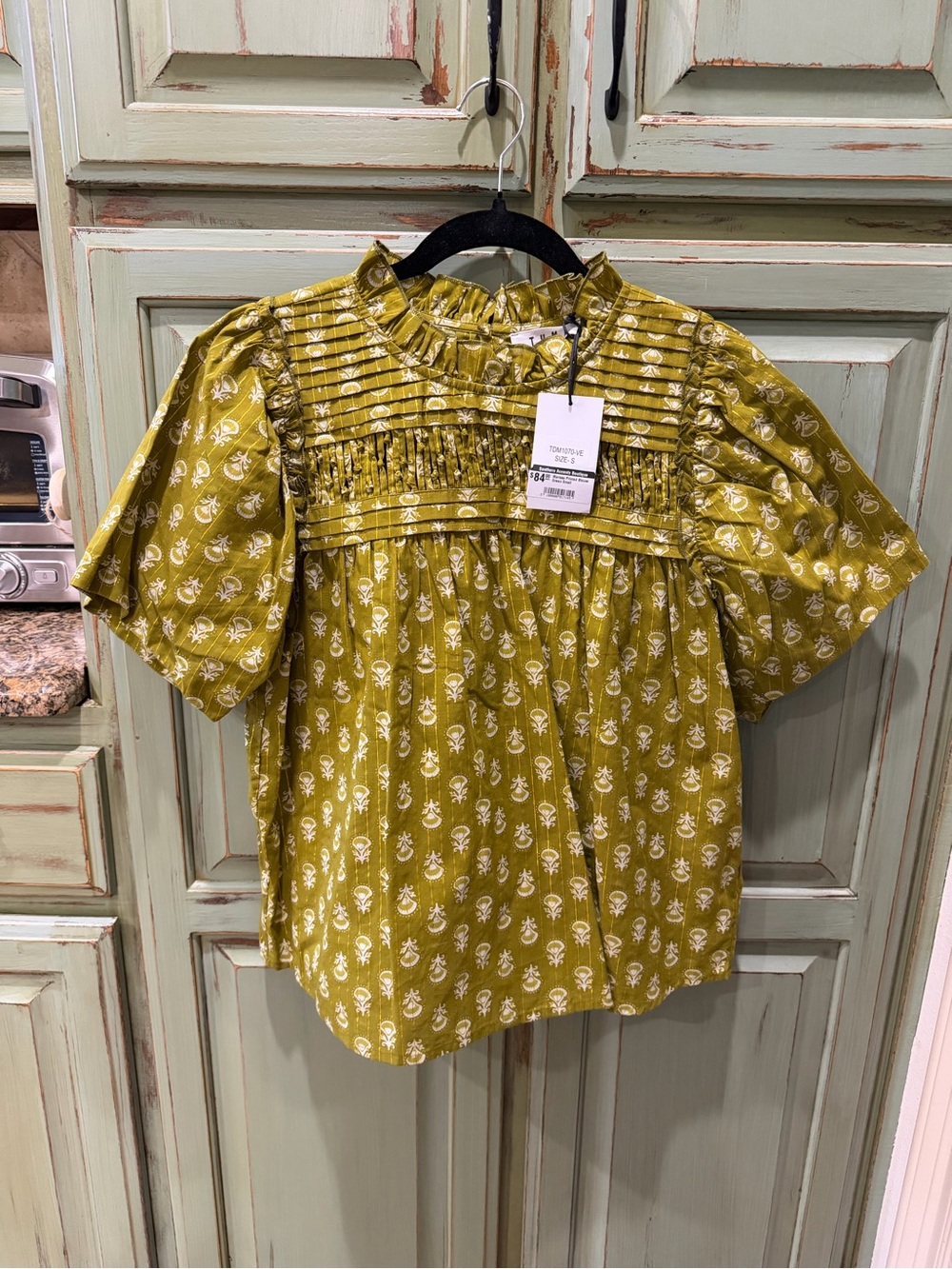THML Olive Green Floral Pintuck Ruffle Blouse